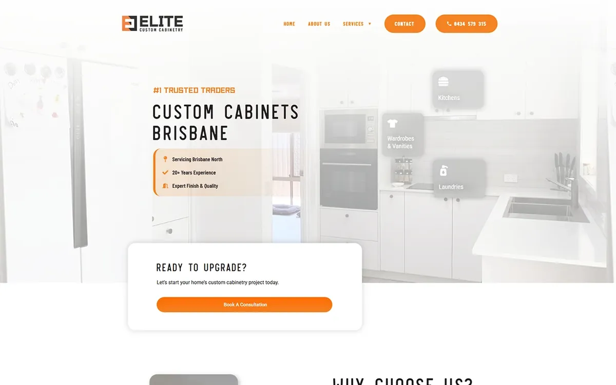 Elite Custom Cabinetry website on desktop
